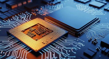 Circuit board close-up. 3d illustration. Technology background.