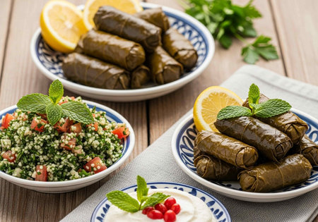 Dolma - stuffed grape leaves with tabbouleh, couscous and parsleyの写真素材