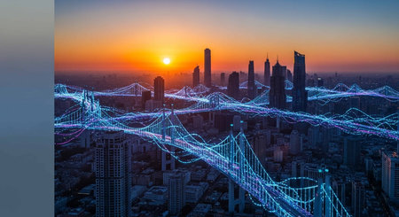 Double exposure of network connection and cityscape at sunset. Technology concept.の写真素材