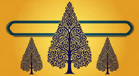 Vector illustration of two stylized Christmas trees on yellow background with place for textの写真素材