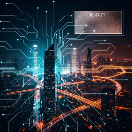 Circuit board and cityscape at night, double exposure. Future technology concept