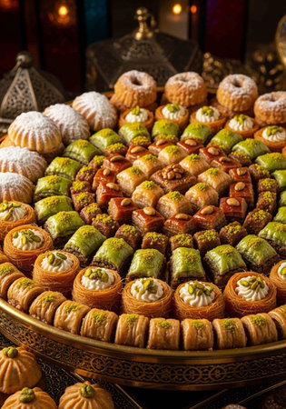 Traditional turkish dessert baklava with cashew, walnuts. Selective focus.の写真素材