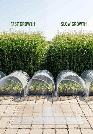 Seedlings in a greenhouse on the background of green grass.