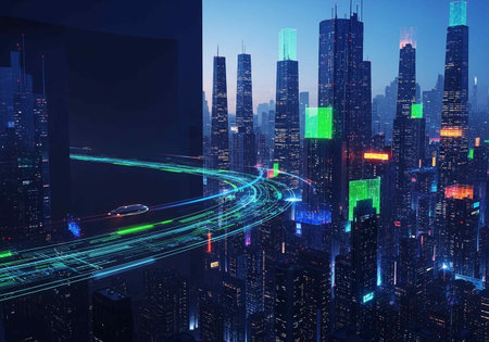 Futuristic cityscape with high-rise buildings and high-rise buildings