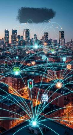 Smart city wireless communication network and internet of things (IoT) concept.