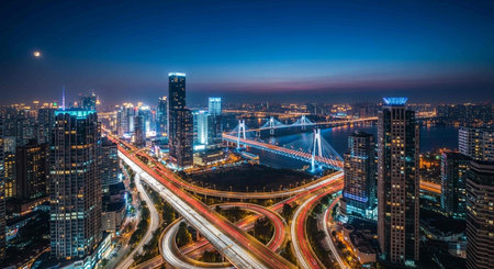 Aerial view of expressway and cityscape in shanghai at night