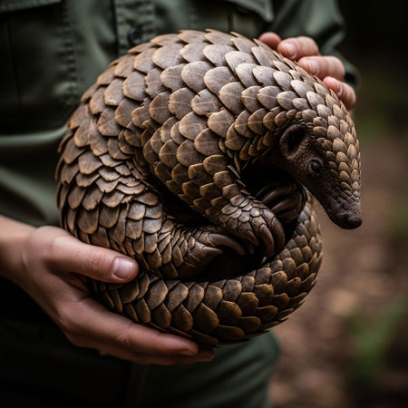 Hands holding an armadillo in the forest, close upの写真素材