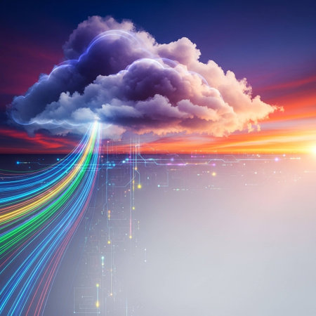 A futuristic cloud with glowing lines and clouds against a sunset sky. 3d rendering