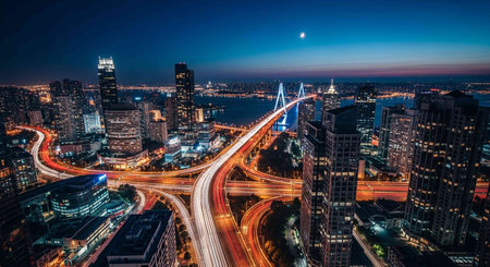 Aerial view of Brooklyn Bridge in New York City at night.