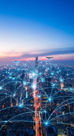Smart city and wireless communication network in smart urban city. Concept of 5G wireless digital connection and internet of things future.の写真素材