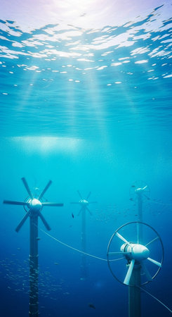 Turbines in deep blue ocean with sun rays shining through themの写真素材