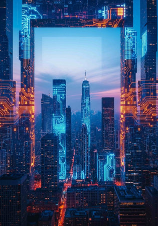 Double exposure of digital circuit board and skyscrapers in modern cityの写真素材