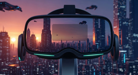 Virtual reality glasses against view of the city at sunset 3D renderingの写真素材