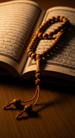 Quran Islamic book with rosary on wooden background. Religion concept.