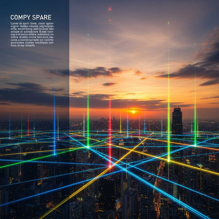 Abstract network connection on cityscape background with copy space, vector illustration