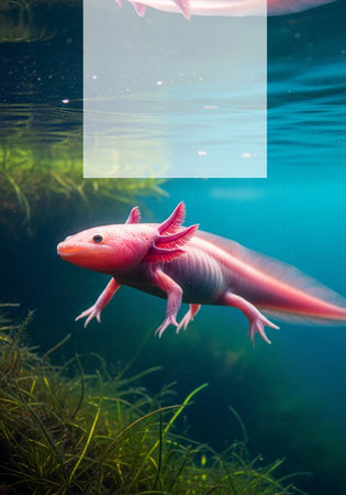 Red axolotl swimming in the aquarium with copy space.の写真素材