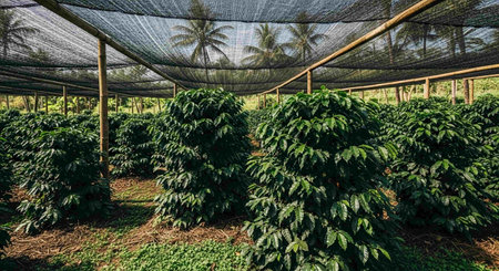 Coffee plantation in Sri Lanka. Coffee trees growing in a shaded area.