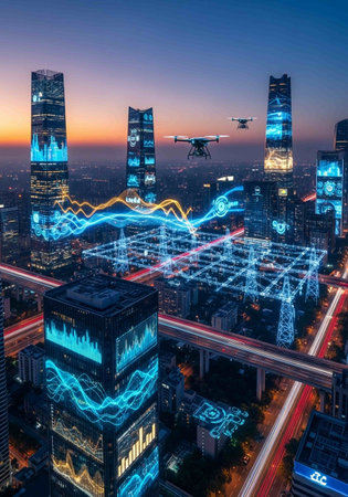 Aerial view of modern city at night, Shanghai, China.