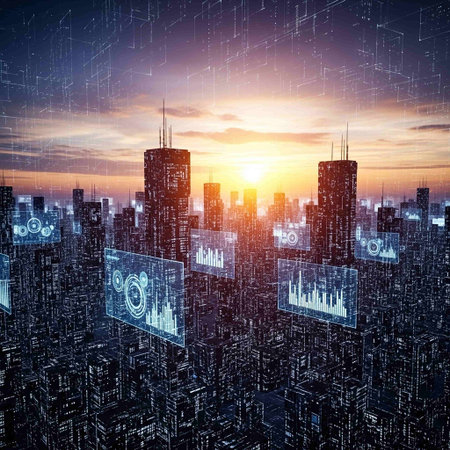 Futuristic cityscape with binary code. 3d rendering.