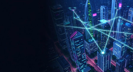 Futuristic cityscape with glowing hologram network, 3d rendering