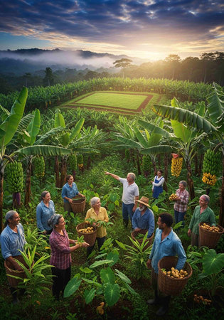 Group of farmers harvesting banana on the field at sunset
