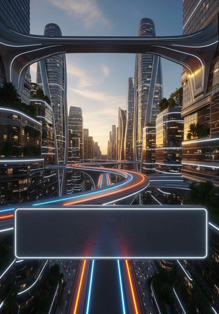 3D rendering of a futuristic city landscape with high-rise buildings