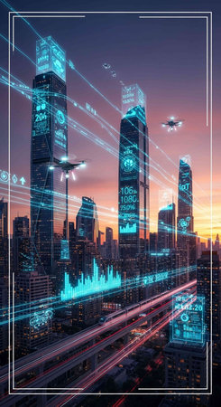 Double exposure of cityscape and high-rise buildings at sunset with digital interface. Technology conceptの写真素材