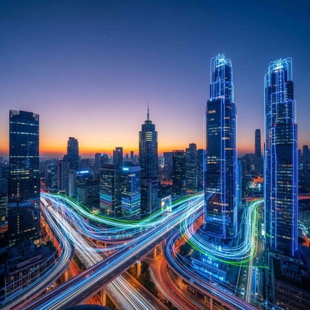 Shanghai city skyline and expressway at night,China.