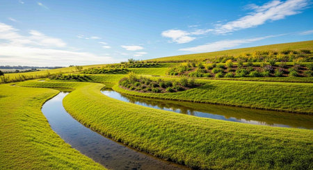 Rural landscape with river and green meadows under blue sky.の写真素材