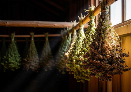 Dried herbs hanging on the window in a rustic wooden houseの写真素材