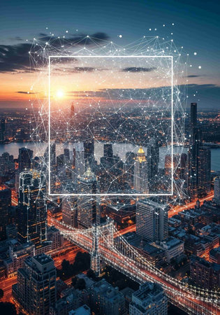 Abstract polygonal frame against New York City skyline at sunset. Technology conceptの写真素材