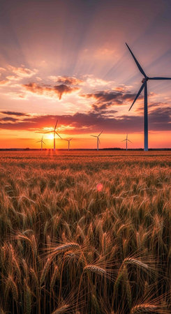 Sunset over a wheat field with wind turbines in the background.の写真素材