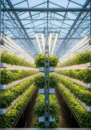 Rows of fresh green basil growing in a greenhouse, industrial background