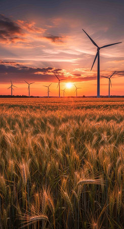 Sunset over a wheat field with wind turbines in the background.の写真素材