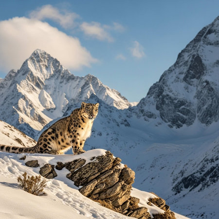 Snow leopard (Panthera uncia) on the background of mountainsの写真素材