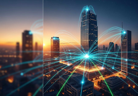 Lines and connections over the city at night, 3d rendering