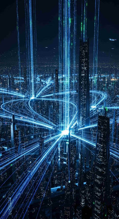 3D rendering of the modern city at night with light trails.