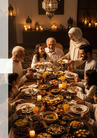 Muslim family having dinner together at home. Traditional family dinner concept.