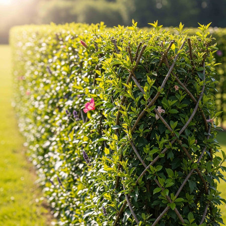 Green hedge with flowers in the garden at sunset. Natural background.の写真素材