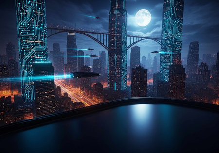 Futuristic city at night with neon lights and moon 3D renderingの写真素材