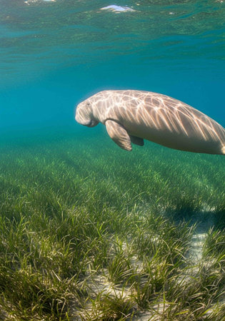 Underwater view of a seal swimming in the ocean with seaweedの写真素材