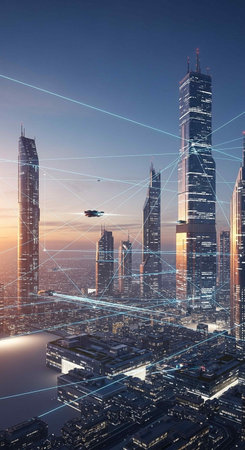 Modern cityscape with skyscrapers and wireless connection lines. 3D rendering