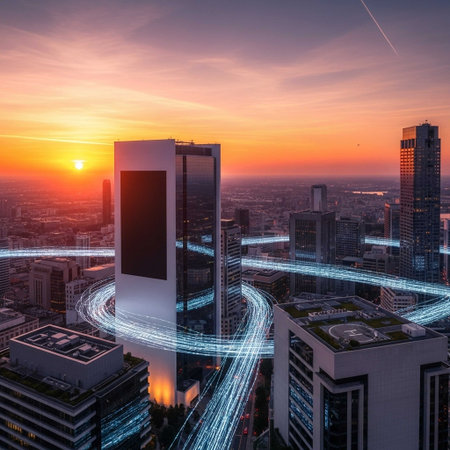 Aerial view of city at sunset. Business and finance concept.の写真素材
