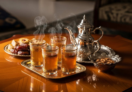 Traditional turkish tea in glass with oriental teapot and datesの写真素材