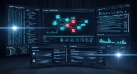 Composite image of screens with glowing icons against digitally generated room