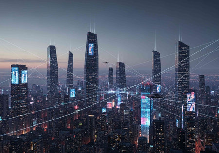 Modern city with high skyscrapers and network connection concept. 3d rendering