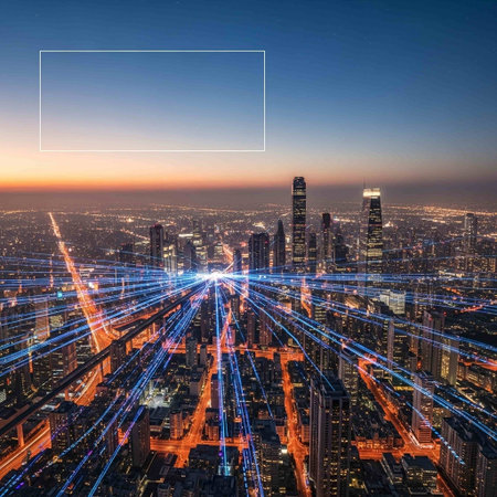 Aerial view of the modern city at sunset. 3D renderingの写真素材