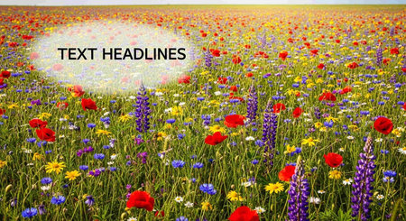 Tropical flower field with poppies and cornflowersの写真素材