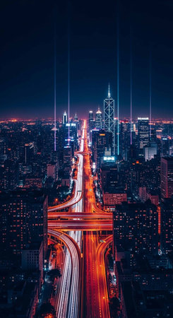 Aerial view of New York City at night, United States.