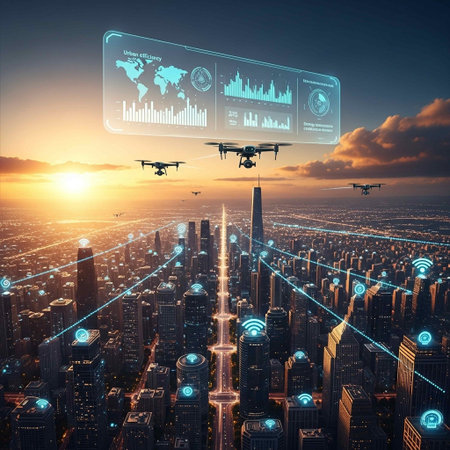 drone flying over modern city at sunset, 3d rendering toned image